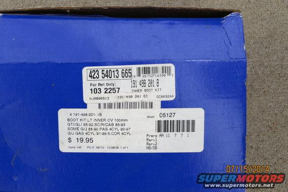 Blue box with labels showing part number 191 498 281 B for an inner boot kit, price $19.95