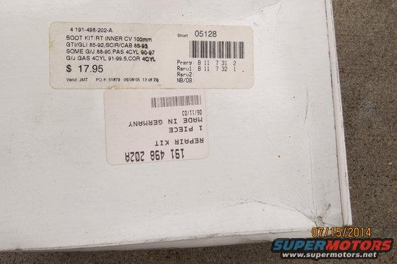 Box with labels for a CV boot repair kit, part number 191 498 202A