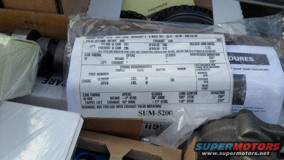 Camshaft specs sheet and parts in boxes