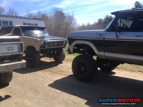Tan and black 1979 Ford Bronco front 3/4 view, lifted