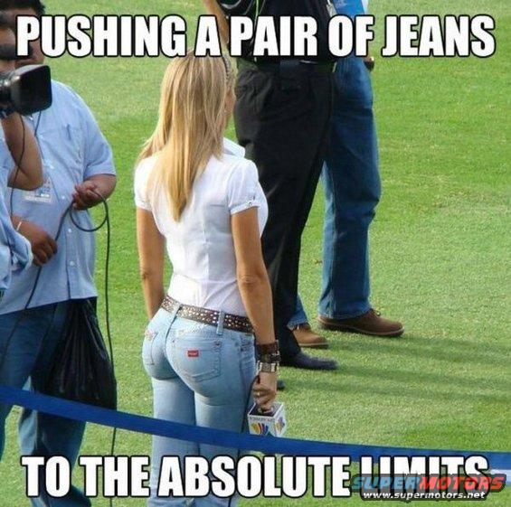 Woman in tight jeans holding a microphone, with text overlay about pushing limits