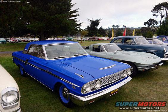 Blue 1963 Ford Falcon Futura coupe, front 3/4 view, parked on grass with other classic cars