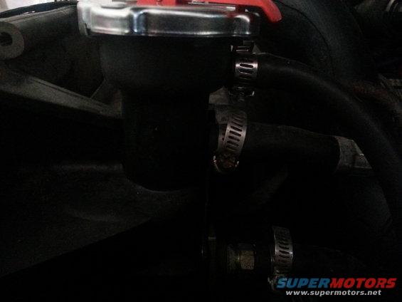 Radiator cap with red handle and hoses secured by clamps