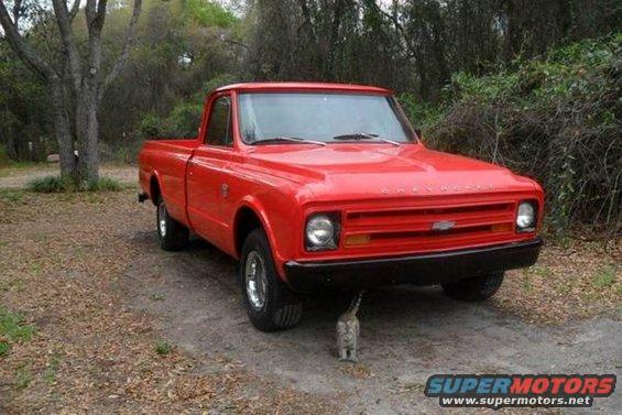 Red 1967 Chevrolet pickup truck parked outdoors with a cat underneath