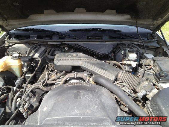 Engine bay of a 1994 Mercury Grand Marquis, showing the V8 overhead cam engine, air intake, and various hoses and components