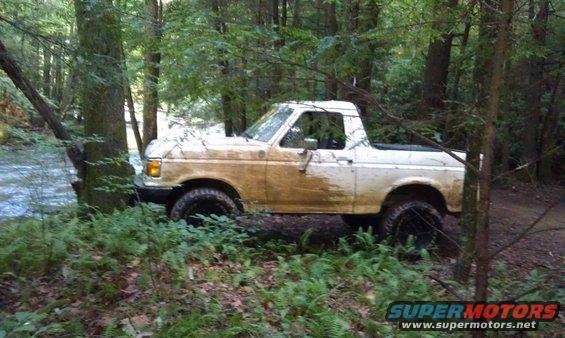 1990 Ford Bronco covered in mud, parked off-road in a forest next to a stream