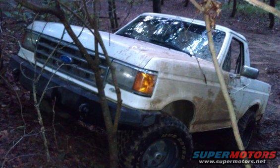 White 1990 Ford Bronco off-roading through trees