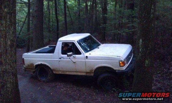 White Ford Bronco driving on a dirt path in a forest