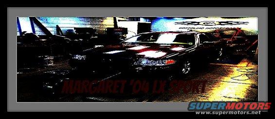 Dark sedan, 3q-front view. Text reads 'MARGARET '04 LX SPORT'