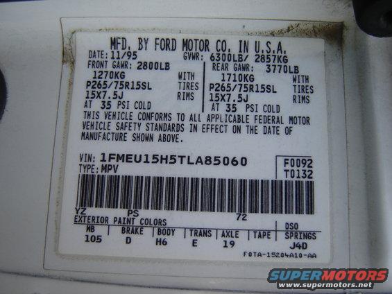 Ford VIN plate with manufacturing date 11/95 and VIN 1FMEU15H5TLA85060