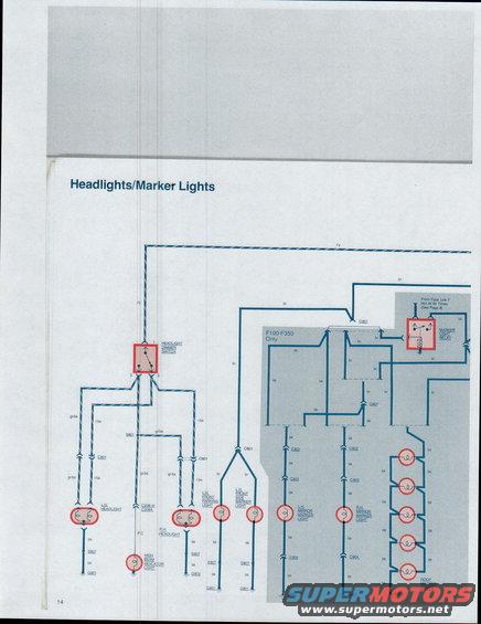 Wiring diagram for headlights and marker lights, labeled for F100-F350