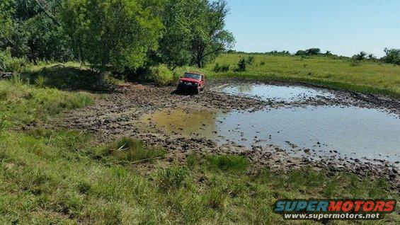 Red SUV stuck in mud near a pond, trees and grassy field in background