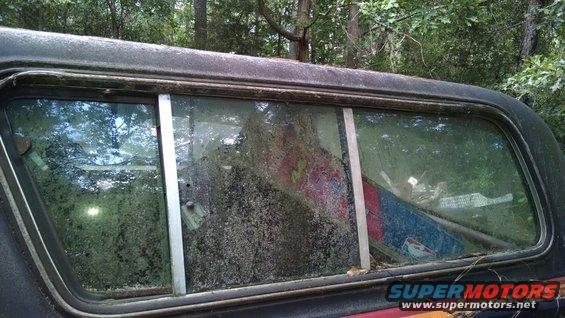Rear window of a 1978 Ford Bronco with reflections and debris