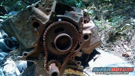 Rusty engine block with timing chain and gears