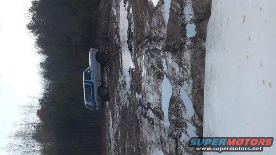 1978 Ford Bronco stuck in mud, side view. Trees and puddles surround the vehicle