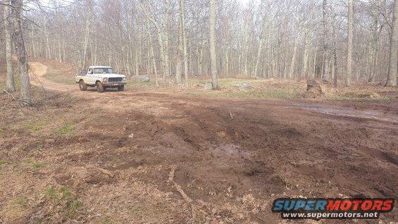 White pickup truck on a dirt road in a wooded area