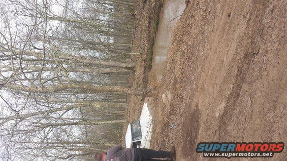 White SUV stuck in a muddy ditch with trees in background