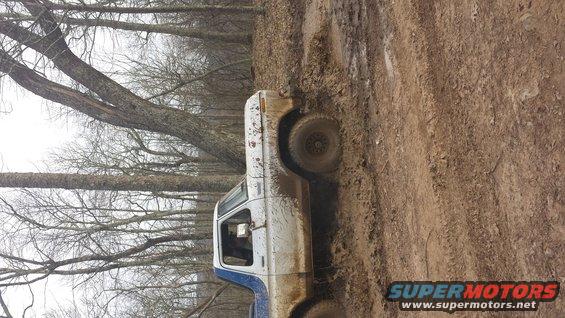 1979 Ford Bronco side view, white and blue, stuck in mud on wooded trail