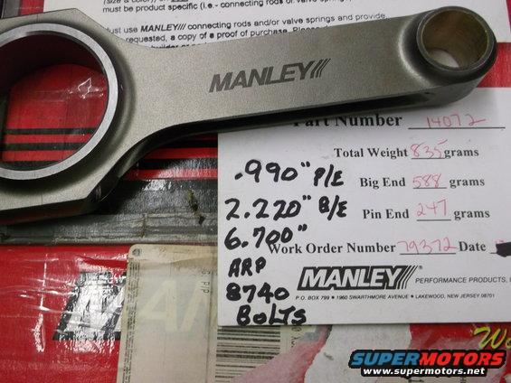 Manley connecting rod with handwritten specifications and part number 14072