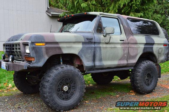 1979 Ford Bronco in camouflage paint, lifted with large tires
