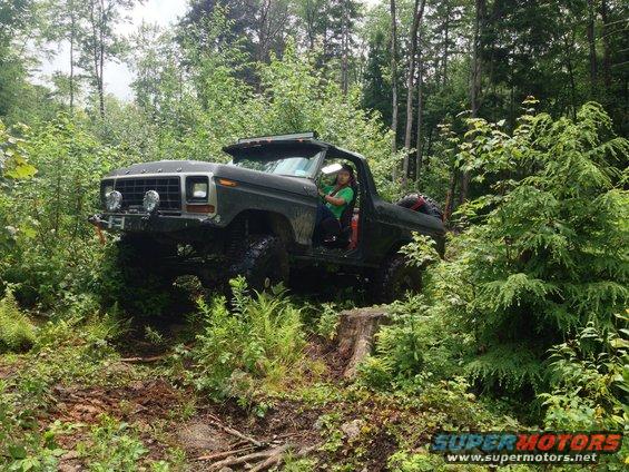 Dark green 1978 Bronco off-roading on a wooded trail, driver visible