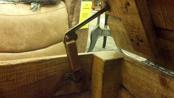 close-up of a wooden chest lid hinge mechanism
