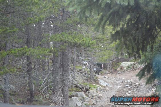 Dark SUV driving on a rocky, wooded trail
