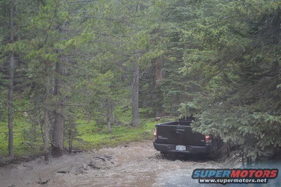 Black pickup truck driving on a muddy trail through a forest