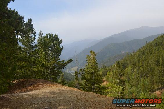 Mountainous terrain with pine trees and a dirt path in the foreground