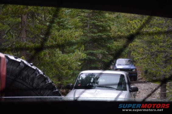 Silver SUV and blue SUV on forest road
