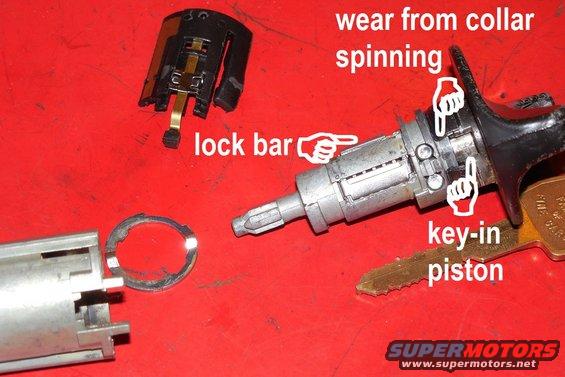 collar06.jpg Inspect all the working parts of the cylinder.  If it's damaged or worn, don't waste your time trying this repair.  Buy a new one and have a locksmith cut your door locks onto the new ignition key.

If the cylinder is merely gummed with minimal wear like this one, proceed...

See also:
[url=https://www.supermotors.net/registry/media/954784][img]https://www.supermotors.net/getfile/954784/thumbnail/lockidtsb960715.jpg[/img][/url] . [url=https://www.supermotors.net/registry/media/283193][img]https://www.supermotors.net/getfile/283193/thumbnail/lockcyl10cut.jpg[/img][/url] . [url=https://www.supermotors.net/registry/media/1172280][img]https://www.supermotors.net/getfile/1172280/thumbnail/fordis.jpg[/img][/url]