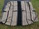 1979 Ford Bronco - Woven car seat cover with black and tan stripes and black leather accents.