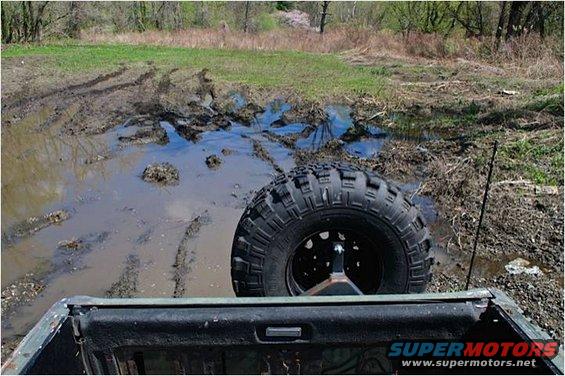 Spare tire mounted on a vehicle, with muddy tracks and water in a field