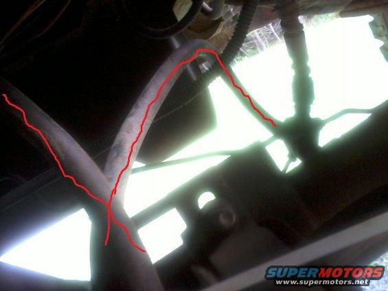 Exhaust pipes with red markings, viewed from underneath a vehicle