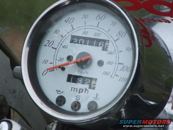 Motorcycle speedometer showing 20116 miles and 132 mph