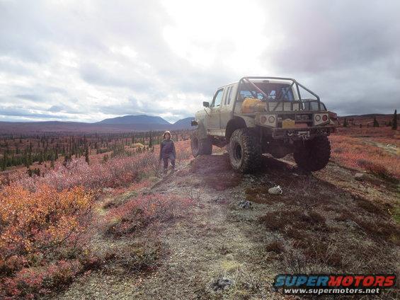 Tan pickup truck with large tires and a roll cage parked on a hill with autumn foliage