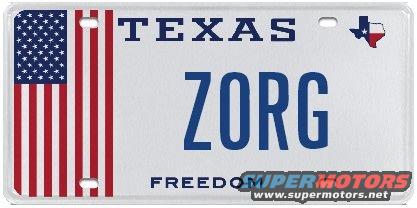 Texas license plate with American flag and ZORG text