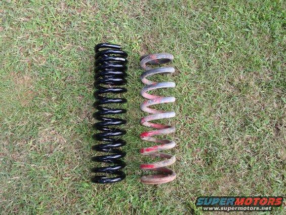 Two suspension springs, one black and one rusty red, on grass