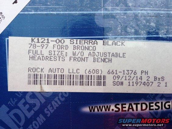 Label for 78-97 Ford Bronco seat cover from Rock Auto