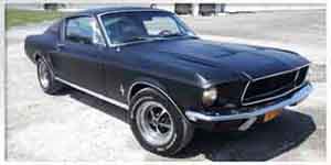 Dark blue 1968 Ford Mustang coupe parked on a gravel lot