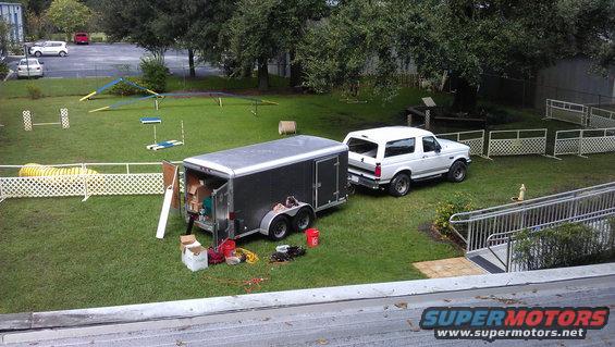 Rooftop view of the Bronco and gutter trailer. This was at a dog training club. I'm standing on one of two metal canopys.