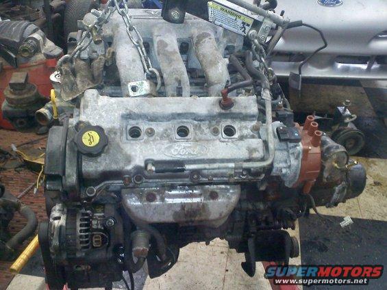 Ford engine assembly, possibly from a car, suspended by chains. It shows the intake manifold, valve cover with Ford logo, alternator, and distributor