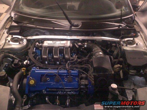 Engine bay with blue painted valve covers and intake manifold