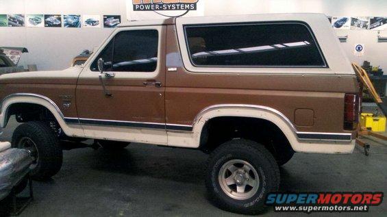 1982 Ford Bronco, brown and white, lifted suspension, side view