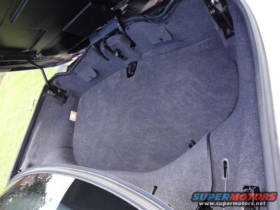 Trunk interior with gray carpet lining and exposed hinges