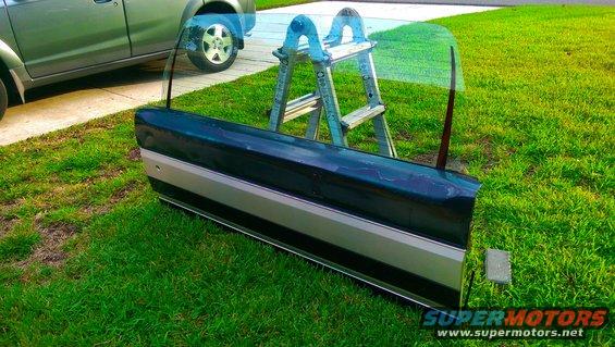 Dark blue and silver car door lying on grass, with a ladder in the background