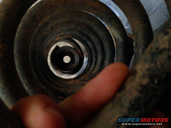 Close-up of a rusty coil spring, with a finger visible in the foreground