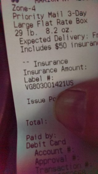 Receipt for Priority Mail 3-Day Large Flat Rate Box with label number VG803001421US
