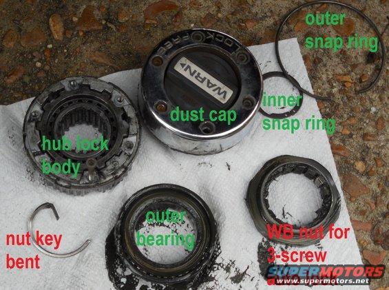 unconverted.jpg This '95 Bronco was factory-equipped with 3-screw auto hub locks, but a previous owner swapped in these light-duty Warn manuals.  The current owner thought the wheel bearings were going bad, but I found the nut key had fallen out of place, fouling into the rotating hub lock body, and allowing the bearing adjusting nut to back off.  I temporarily straightened the key & reinstalled it (after changing the bearings & rotor anyway), but he ordered the older-style nuts & installed them himself later.