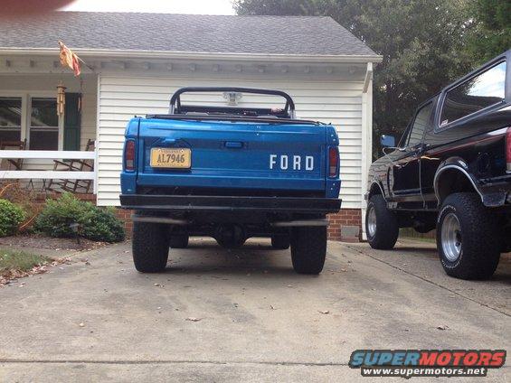 Blue 1974 Ford Bronco rear view with license plate AL7946
